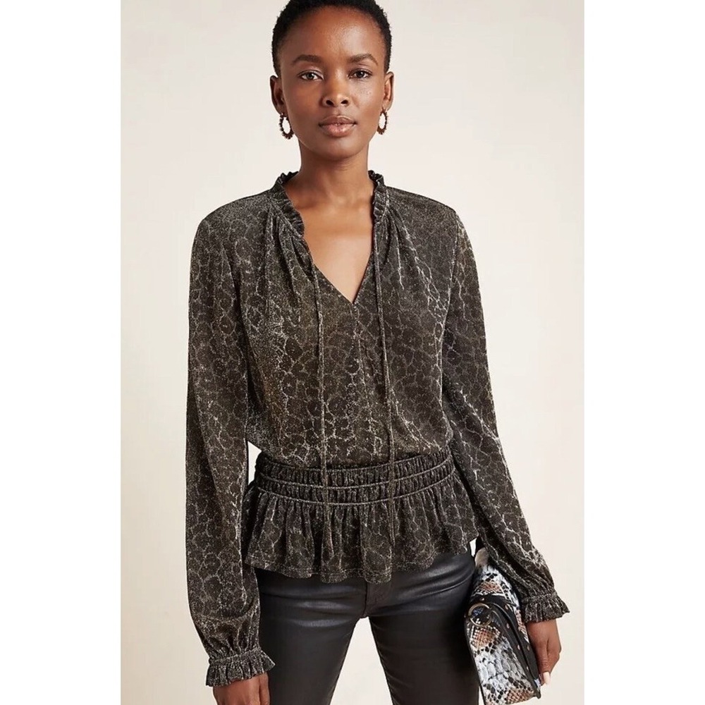 Current Air •‎ Melina Shimmer Metallic Leopard Print Smocked Peplum Blouse XS